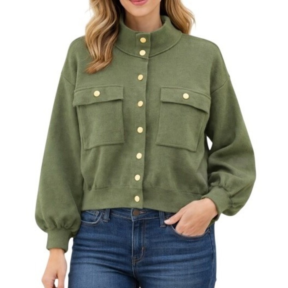 Anthropologie Oliver O Cardigan Jacket Womens XL Green Snap Button Boxy Utility